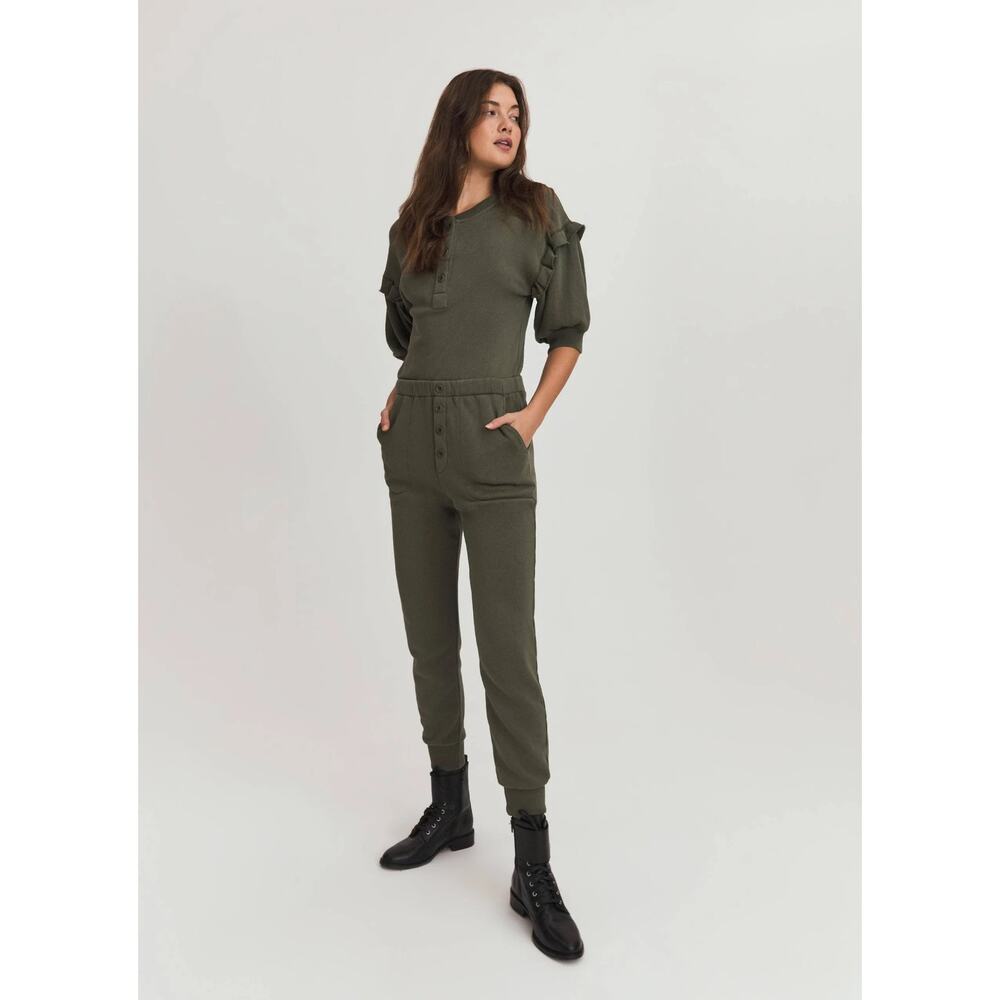 Something Navy Esmeralda Olive Green Terry Ruffle Henley Puff Sleeve Jumpsuit S
